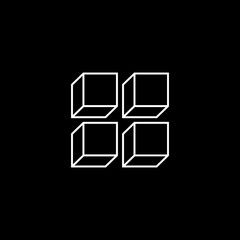 Four white cubes simple logo concept on black background, vector