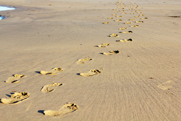 Footprints in the sand on Polzeath beach