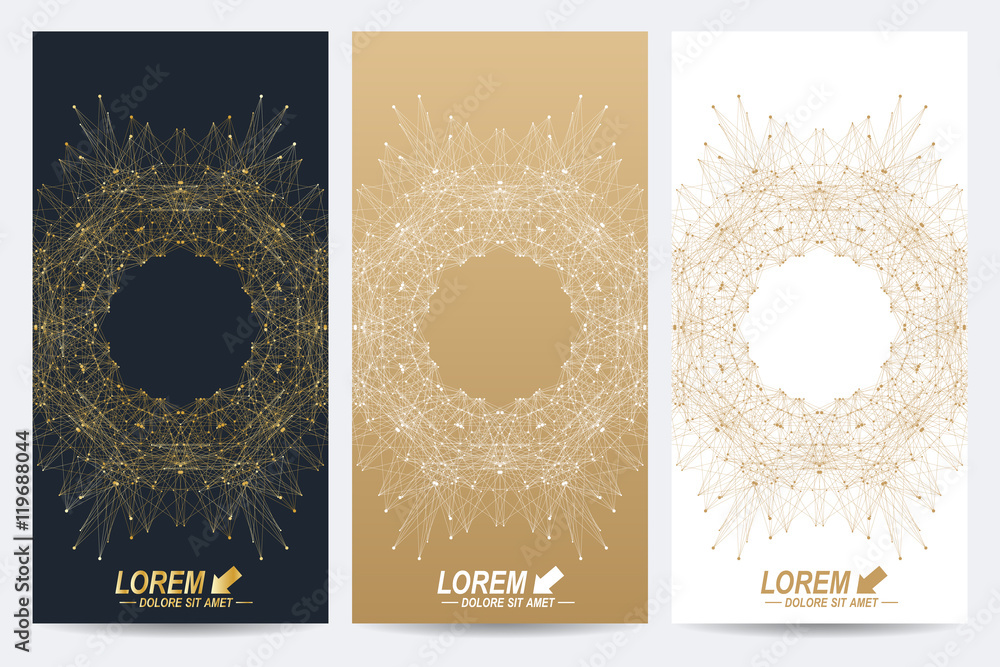 Poster modern set of vector flyers. geometric abstract presentation with golden mandala. molecule and commu