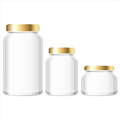 Glass Jars Bottles mockup. Small, Medium, Large. Vector illustration.