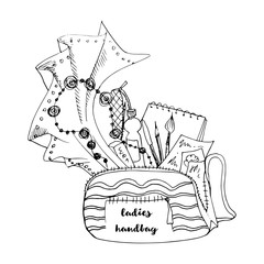 Ladies handbag doodle style illustration with black outlines