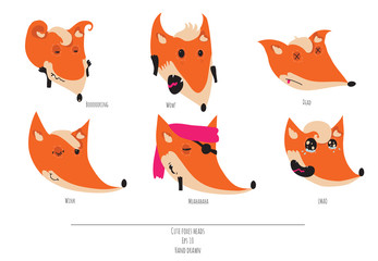 Cute vector set of playful foxes heads with various emotions. Bo