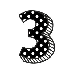 Number 3 with white polka dots on black, vector isolated on white background