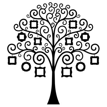 Tree with frames for photos isolated on white background. Vector illustration. The stencil for the album. Silhouette of a family tree.