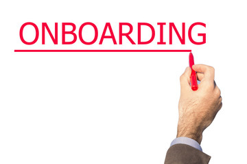 Hand writing Onboarding with marker on transparent wipe board isolated on white.
