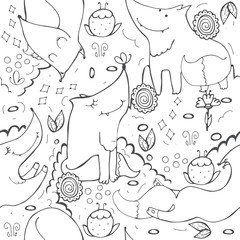Seamless vector pattern with cute foxes and flowers on white background. Hand drawn monochrome illustration decorated with doodle flowers and butterflies. Kind childish texture.