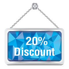 20 percent discount sign with silver metallic frame hanging on the wall