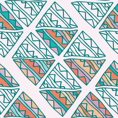 Hand drawn colorful triangle seamless pattern with green, pink, blue, orange details. Doodle triangles on beige. Triangular geometrical background. Repeating geometric tiles. Vector illustration.