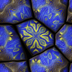 Seamless pavement stone pattern with ornaments and stars. Blue and gold abstract kaleidoscopic pattern of grained stones and glowing lines on a black background
