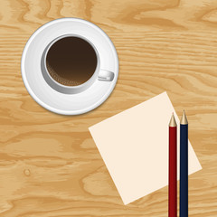 cup of coffee , paper, envelope and a pencil on the table