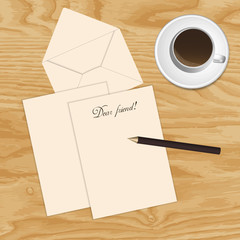 cup of coffee , paper, envelope and a pencil on the table