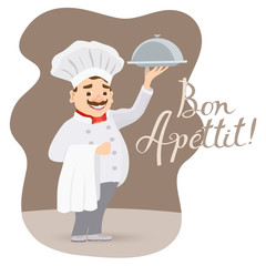 cartoon happy chef character holding a platter or cloche 