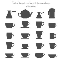 Vector illustration of 16 coffee and tea cups, cezves, teapot and french press set. Isolated dishes on white background. Fully editable collection for packaging design, decor and your other projects.