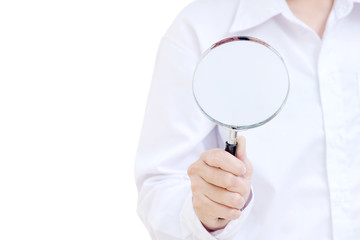 man using magnifying glass for searching isolated on white backg
