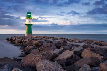 Lighthouse at night in Warnemuende near Rostock, Germany