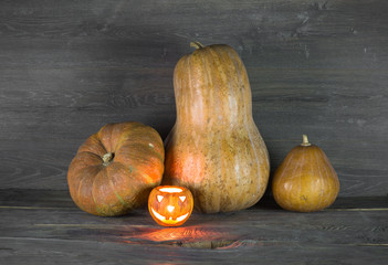 pumpkin, vegetables on a rustic wooden table