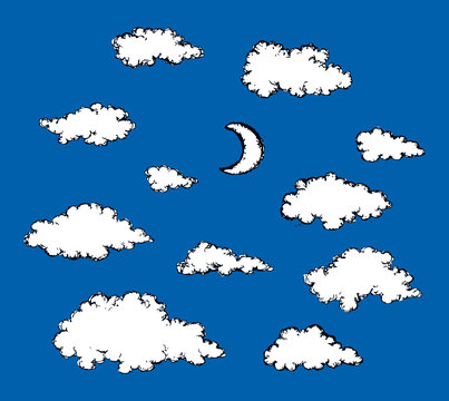 Vector sketch. Clouds and crescent