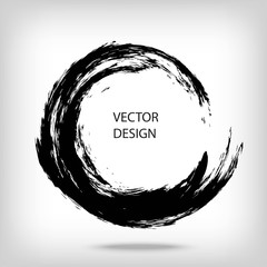Hand drawn circle shape. Circular label, logo design element, frame. Brush abstract wave. Black enso zen symbol. Vector illustration. Place for text.
