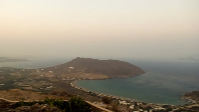 Landscape view at Paros island. Panning is finishing with the church of Saint Antony.