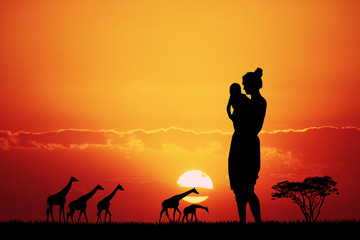 woman in African landscape at sunset