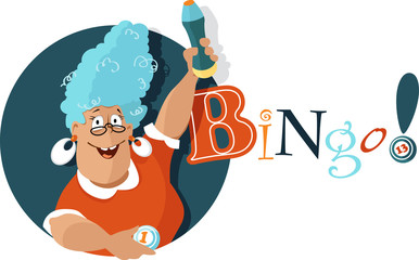 Cheerful mature woman holding a bingo ball and a felt pen, EPS 8 vector illustration, no transparencies