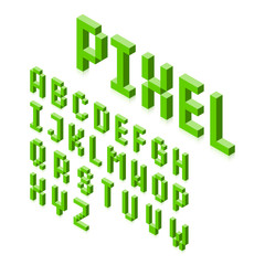 Fototapeta premium Isometric 3d pixel font, three-dimensional alphabet letters