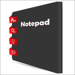 Closed black vector notepad. Scrapbook with red labels.