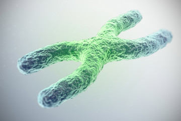 X chromosome, green in the center, the concept of infection, mutation, disease, with focus effect. 3d illustration