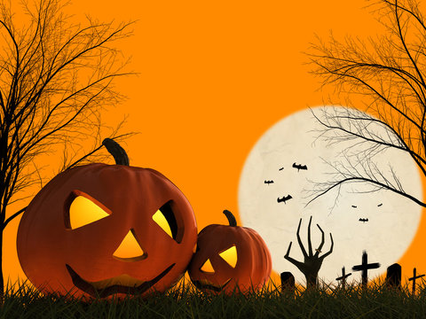 halloween pumpkin and zombie hand rising on orange background