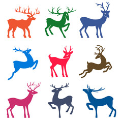 Nine colored deer silhouettes
