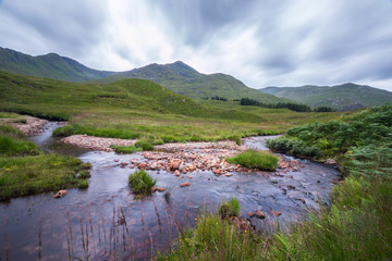 Fototapeta premium Grüne Landschaft und Bächlein in den Highlands, Schottland