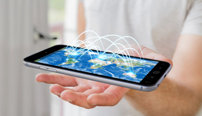 Businessman holding mobile phone with internet connection 3D ren