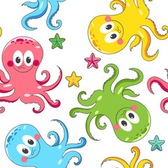Seamless pattern with funny octopus.