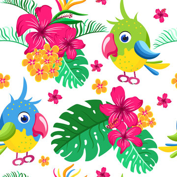 Seamless pattern with cartoon parrots.