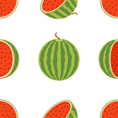 Pattern of juicy whole watermelons and slices in flat vector style.