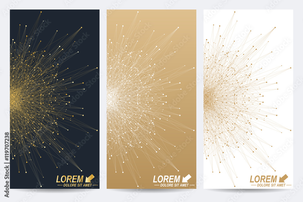 Poster Modern set of vector flyers. Geometric abstract presentation with golden mandala. Molecule and communication background for medicine, science, technology, chemistry.