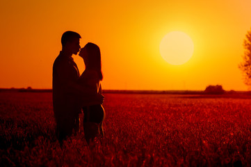 Fototapeta na wymiar Young couple kissing in the field of wheat at summer sunset