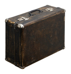 Isolated Scratched Vintage Brown Suitcase on a White Background