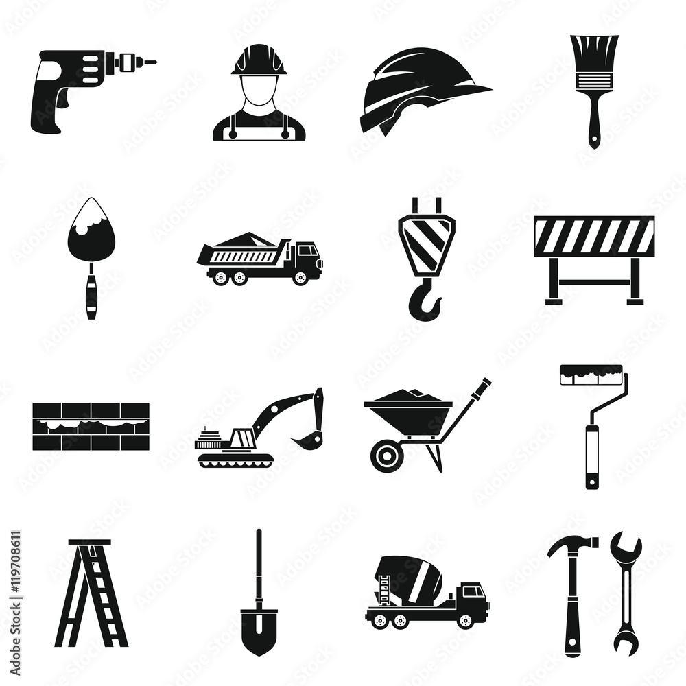 Aufkleber construction icons set in simple style. building tools set collection vector illustration
