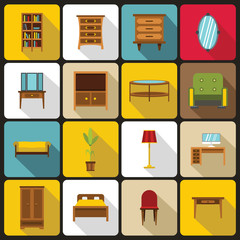 Furniture icons set in flat style. Interior decorations set collection vector illustration