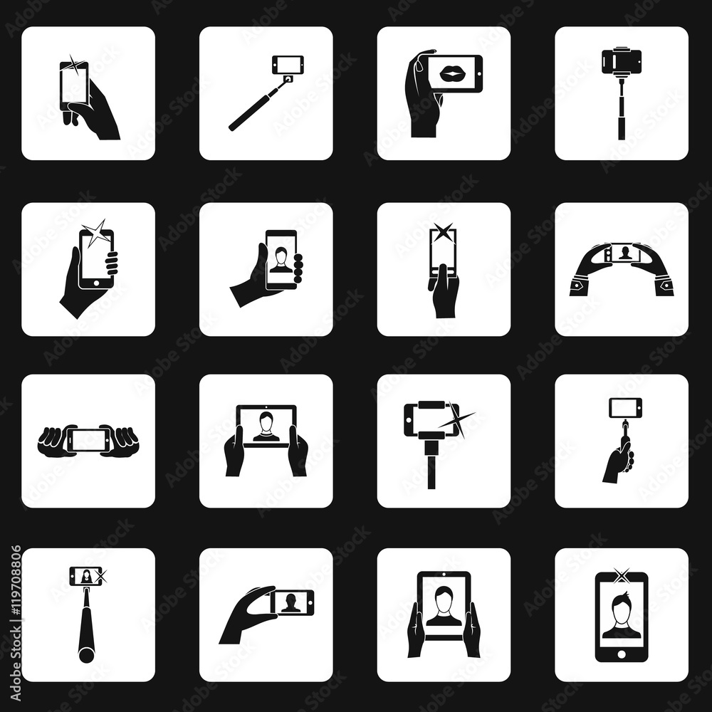Poster selfie icons set in simple style. taking photos with smartphone set collection vector illustration