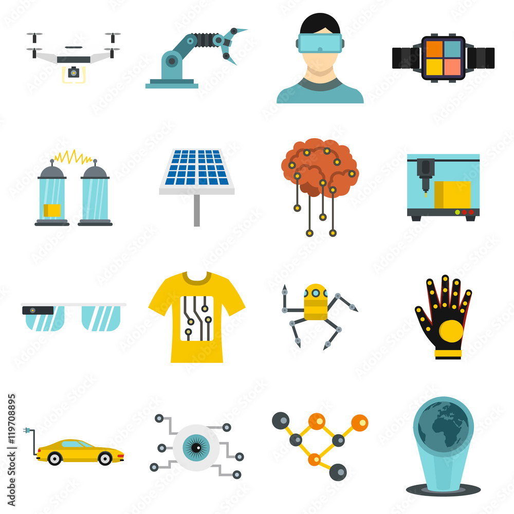 Poster new technologies icons set in flat style. innovative app and gadget set collection vector illustrati
