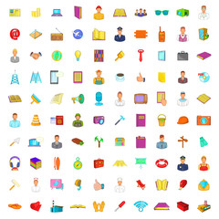 100 universal icons set in cartoon style. Business set big collection vector illustration