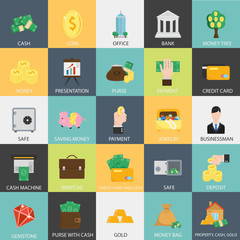 Set of twenty five money and finance color flat icons