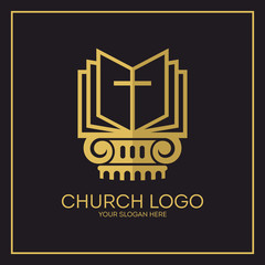 Church logo. Christian symbols. Holy bible and Jesus cross.