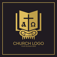 Church logo. Christian symbols. Holy bible, cross, alpha and omega.