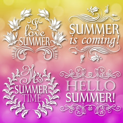 Hello Summer, Summer is coming, I love, It s Summer time. Set of typographic designs with text, filigree floral frame, shadow for greeting card, poster. Vector illustration EPS 10.