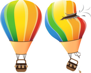 Obraz premium Colourful hot air balloon flying in the sky on a white background. vector illustration. with crash broken hole air balloon