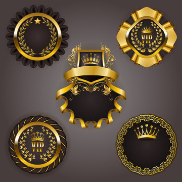 Set of elegant templates for gold vip frames with laurel wreaths on gray background. Filigree border, crown in vintage style for graphic design of club card, logo, icon. Vector illustration EPS 10.