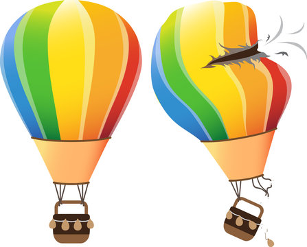 Colourful hot air balloon flying in the sky on a white background. vector illustration. with crash broken hole air balloon